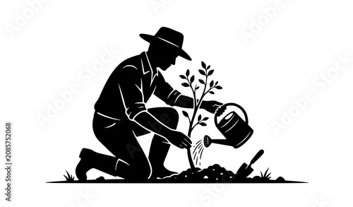 Obraz na płótnie Farmer Silhouette Vector Illustration of a Man Kneeling and Watering a Young Tre