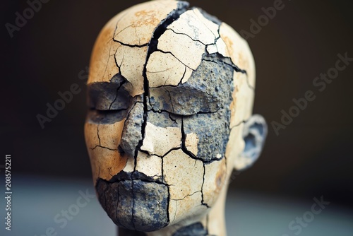A close up of a clay sculpture of a man's head with cracks in it