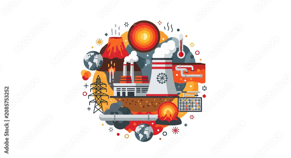 Fototapeta premium Geothermal Energy Power Plant Flat Illustration - Sustainable Renewable Energy Concept with Volcano, Earth Layers, and Heat Extraction Technology