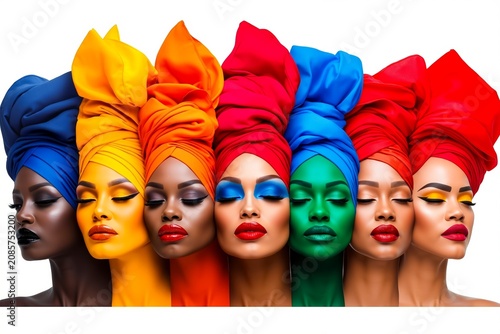 A group of women wearing colorful turban heads in a row