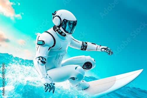 A robot riding a surfboard on top of a wave