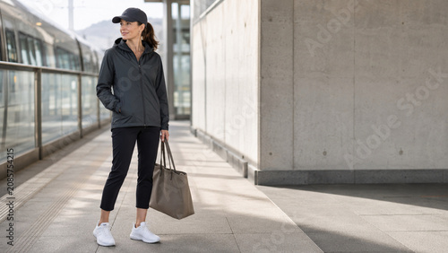 Woman in charcoal sport luxe windbreaker at modern transit platform