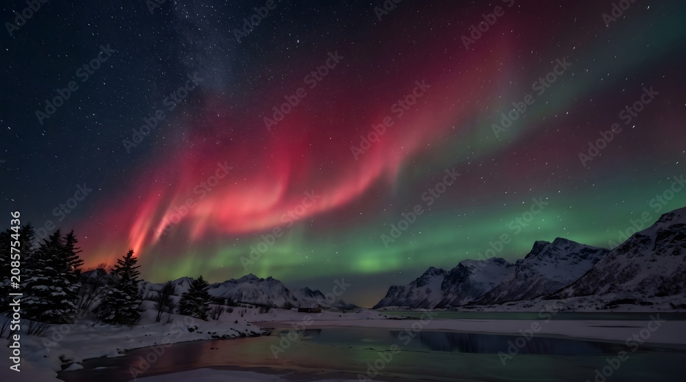 Fototapeta premium Dramatic aurora borealis over snowy norwegian landscape at night