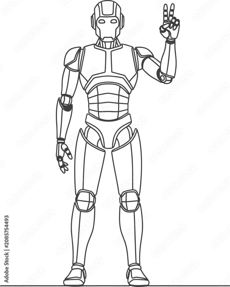 Fototapeta premium A simple black and white line art drawing of a futuristic humanoid robot making a peace sign hand
