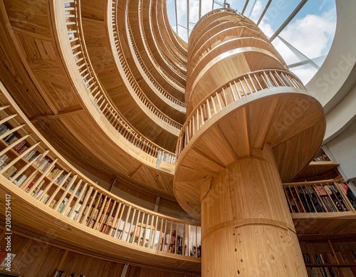 Modern Wooden Library Interior: A stunning spiral staircase made of warm wood ascends through a multi-story library, illuminated by natural light from a glass ceiling.