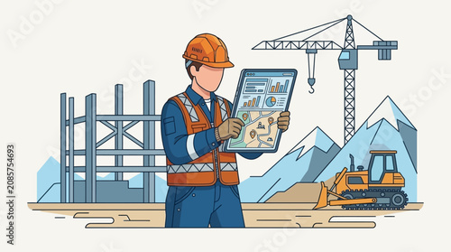 construction worker managing a project with a digital tablet displaying construction site maps and data analytics