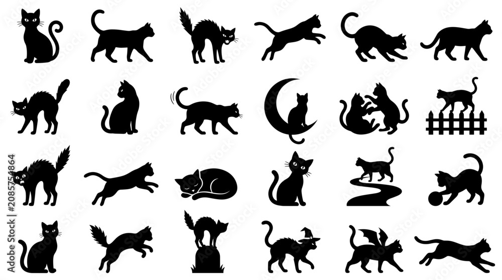 Naklejka premium Black Cat Silhouettes Collection: Various Poses and Actions