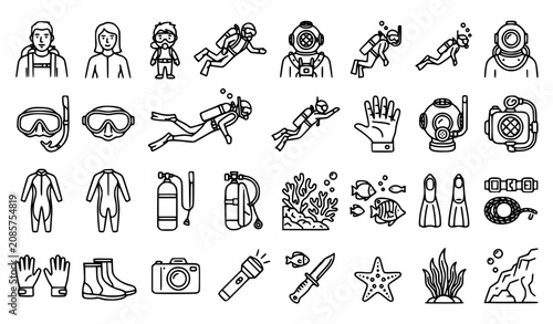 Fotografi Scuba Diving and Underwater Exploration Line Icons Set - Vector Illustrations of