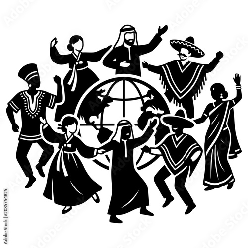diverse people celebrating global unity and cultural diversity with a world dance around planet earth