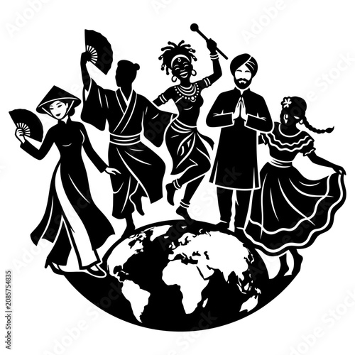 diverse group of people from various cultures standing on a globe symbolizing global diversity and cultural unity.