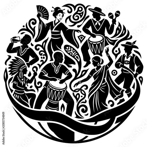diverse people celebrating global cultural unity with music and dance in a decorative circle.