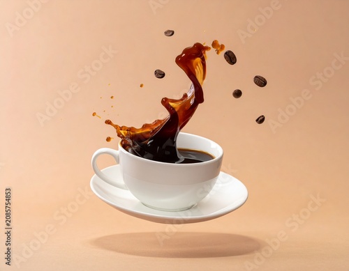 Coffee Splash Celebration: A white coffee cup erupts with a dynamic splash of dark, rich coffee, complemented by a scattering of whole coffee beans, frozen in a moment of energetic motion.