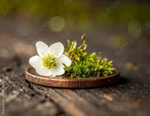 Microature World: A delicate white wild strawberry flower blooms atop a mossy patch, resting on a copper coin, creating a tiny, enchanting scene.