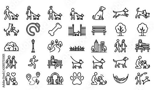 Vászonkép Dog Walking, Park, and Pet Activities Line Icons Set - Vector Illustrations of C