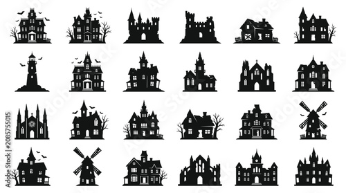 Obraz na plátně Spooky Haunted Houses and Windmills Silhouettes Collection