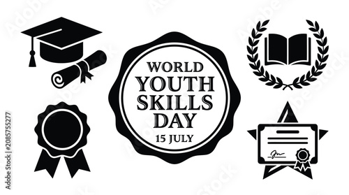 Black and white vector graphic set featuring educational symbols for world youth skills day celebration