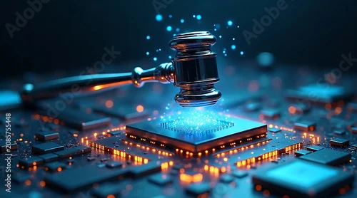 Fototapeta na wymiar Futuristic quantum justice system floating chrome gavel over glowing microchip emits blue particles, concept of legal tech and AI regulation