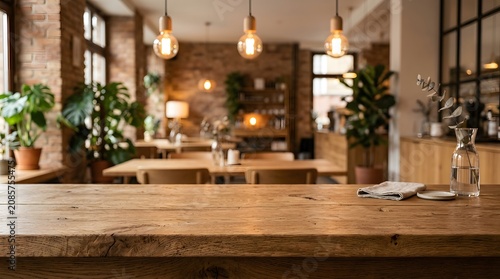Empty cafe countertop with rustic oak table and blurred background