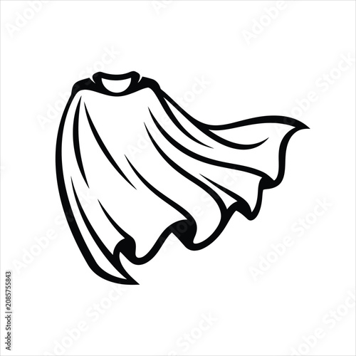 Photos A black and white vector illustration of a superhero cape flowing in the wind, symbolizing power and heroism in a simple yet dynamic line art style