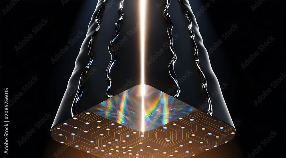 Fototapeta premium Monumental obsidian and liquid chrome justice mono circuit prism beam of light evokes futuristic balance and technology