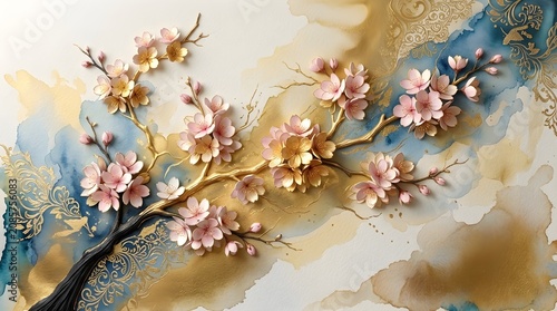 Delicate Golden Cherry Blossom Branch With Ornate Pattern Accents
