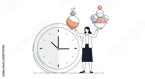 Successful Businesswoman Balancing Multiple Circular Tasks Beside Large Minimalist Clock Representing Productivity and Effective Time Management