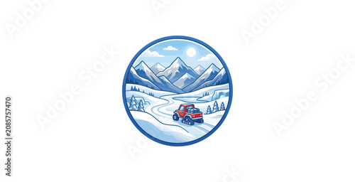 Obraz na płótnie Cartoon Snowcat Winter Mountain Landscape Circle Badge