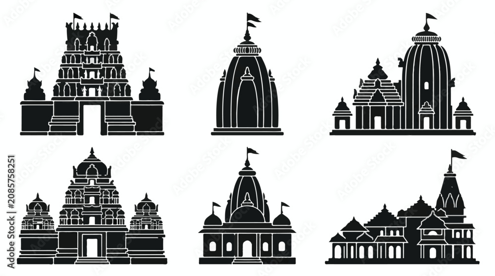 Obraz premium Collection of Hindu temple silhouettes in various architectural styles 