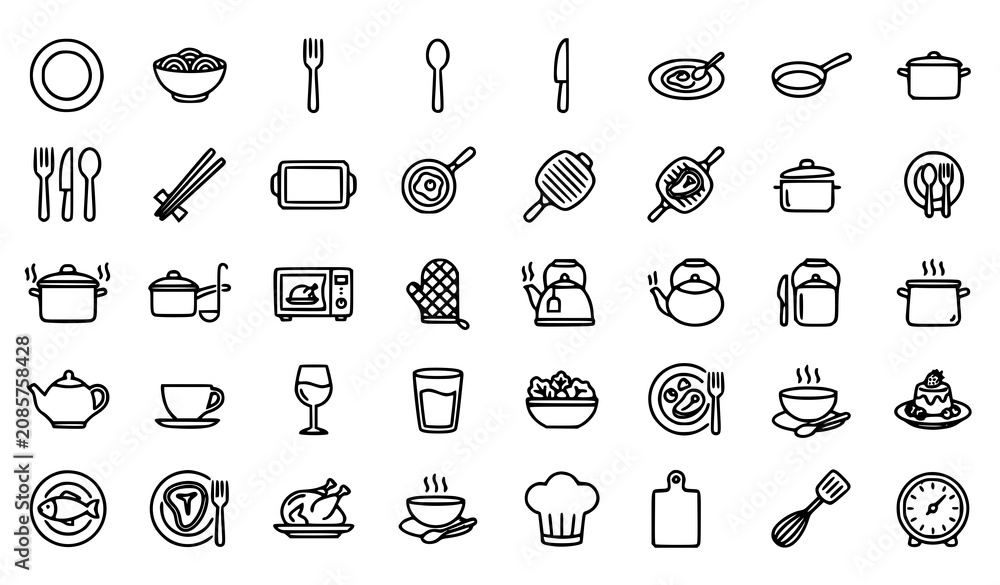 Naklejka premium Tableware and Cooking Outline Icon Set with Dish Plate Bowl Cutlery Microwave Editable Stroke Vector Collection