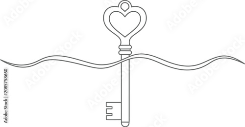 A black and white line art drawing featuring a classic skeleton key with a heart shaped handle