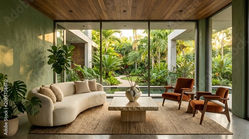 Cozy living room with garden view and modern furniture