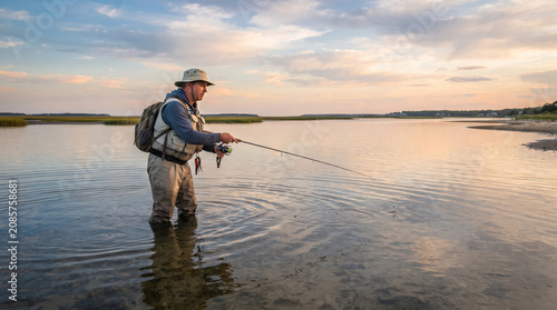 Male Fisherman Wading in Coastal Waters Casting a Fishing Rod at Sunset