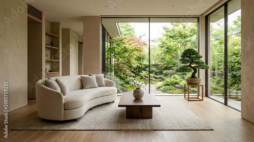 Modern living room with garden view and sofa