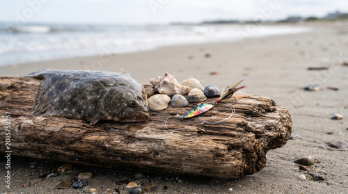 Fresh Flounder Fish with Seashells and Fishing Lure on Driftwood Beach Background