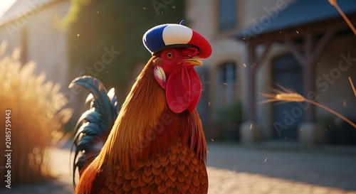 Rooster wearing a tricolor beret in farm setting