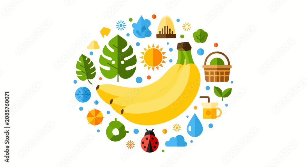 Naklejka premium Vibrant Vector Bunch of Bananas with Tropical Leaves and Healthy Lifestyle Icons