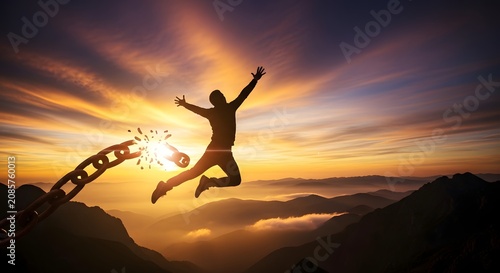 Silhouette of person jumping and breaking chain at sunset