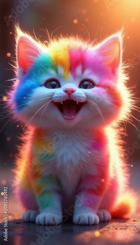 Cute fluffy kitten with rainbow colors sits happily. Small cat smiles with open mouth, showing tiny teeth. Adorable pet looks at camera with big eyes. Fun, playful, and colorful character.
