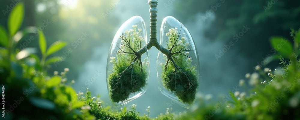 Naklejka premium Transparent lungs with green plants inside float in misty forest. Nature and health concept for clean air and organic lungs. Rich vegetation surrounds floating lungs illustration.