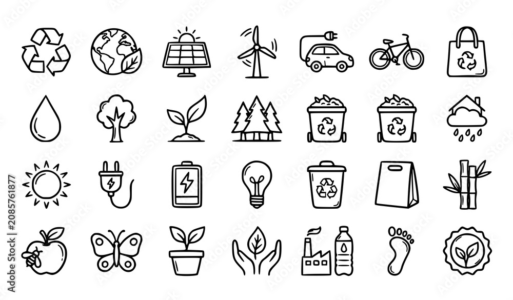 Fototapeta premium Hand Drawn Ecology and Sustainability Doodle Icon Set Editable Stroke Eco Vector Collection