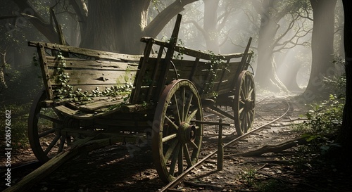 Wooden cart on forest path with railway tracks