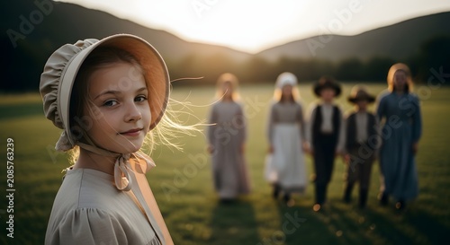 Young girl in bonnet standing in field at sunset