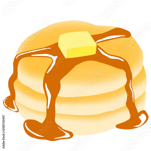 Stack of fluffy pancakes with butter and pouring sweet  syrup illustration isolated, sweet dessert drawing