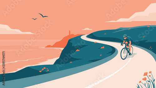Foto Cyclist riding bicycle along coastal road near ocean with vacation landscape exe