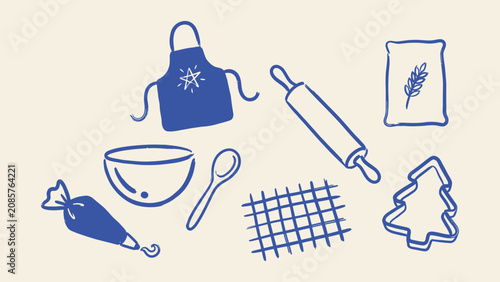 Quadro su tela Baking tools and kitchen utensils vector illustration set with apron rolling pin