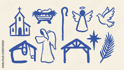 Cuadro en lienzo Hand drawn blue nativity vector icons set featuring church manger angel dove sta