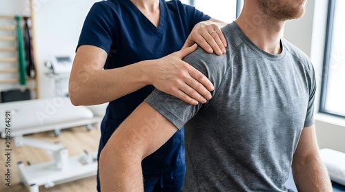 Physical therapist supporting shoulder, rehabilitation exercise