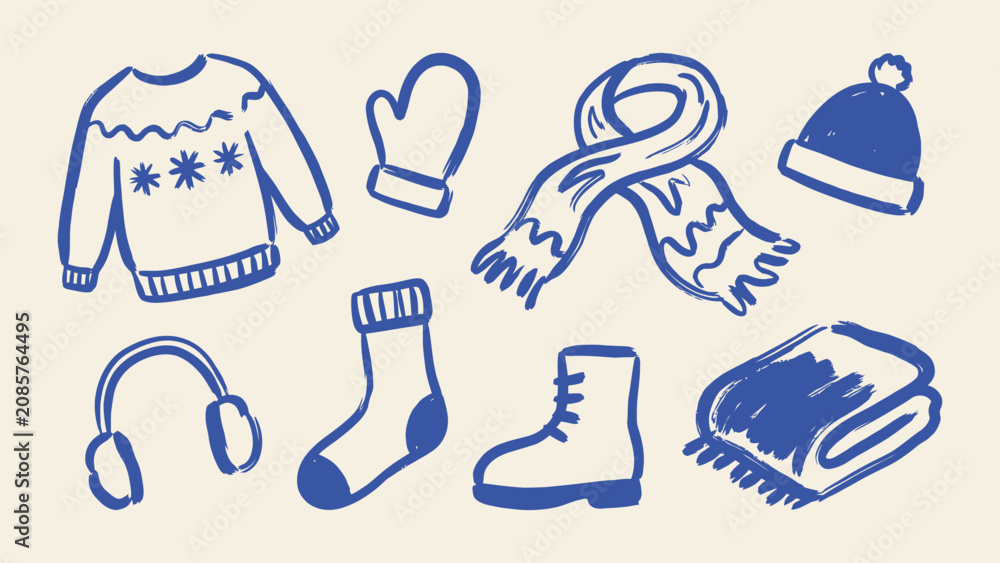 Fototapeta premium Winter clothing and accessories vector doodle icon set featuring hand drawn sweater scarf beanie mitten sock boot earmuffs and blanket