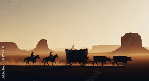 Pioneer wagon train silhouette in desert landscape