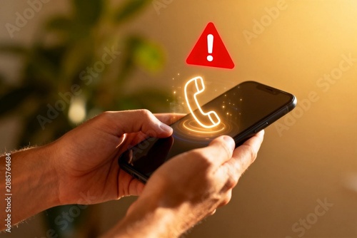 Hands holding smartphone with glowing call icon and warning sign